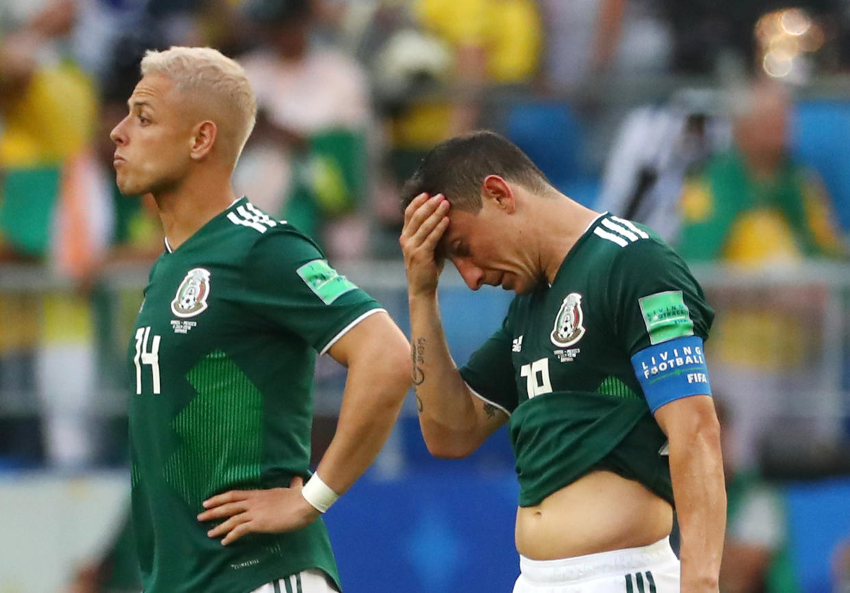 Javier Hernández junto a Andrés Guardado en el Mundial de Rusia 2018. (REUTERS/Pilar Olivares)