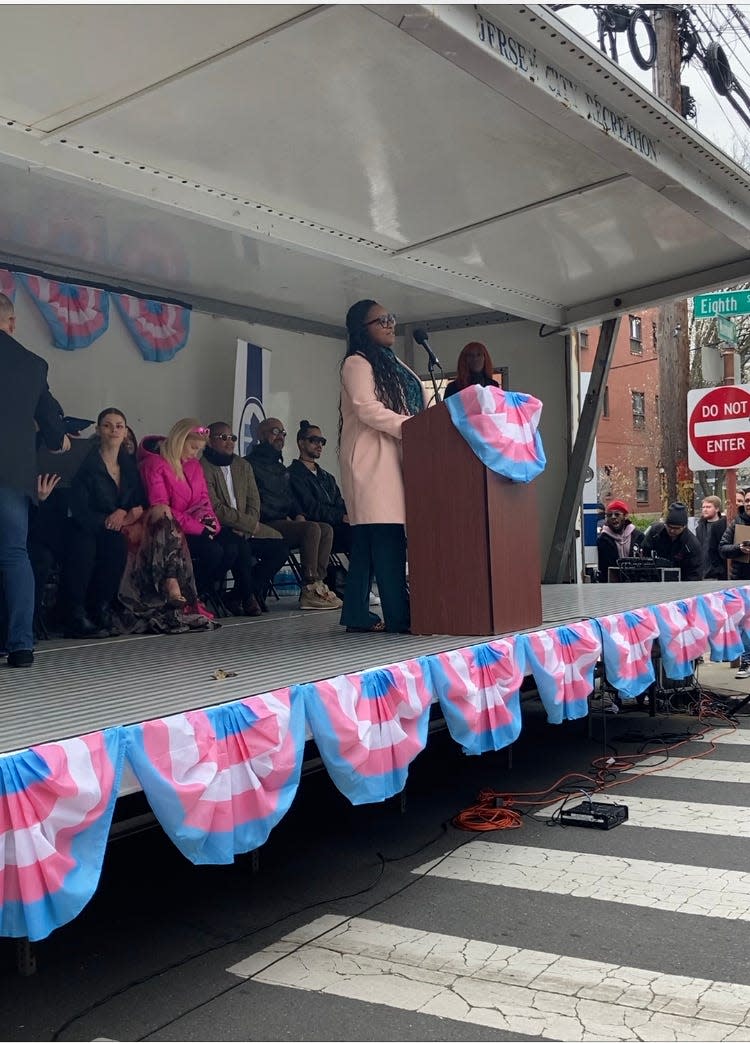 Gov. Phil Murphy's Senior Aide Kiah Lattimer announces the launch of transgender.nj.gov, an online information hub dedicated to transgender New Jersey residents, at a Transgender Day of Visibility event in Jersey City on March 31, 2023.