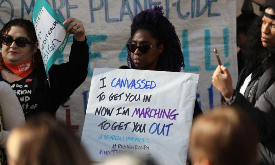 Protestors rally against Governor Ralph Northam outside of the governors mansion in downtown Richmond on 4 February.