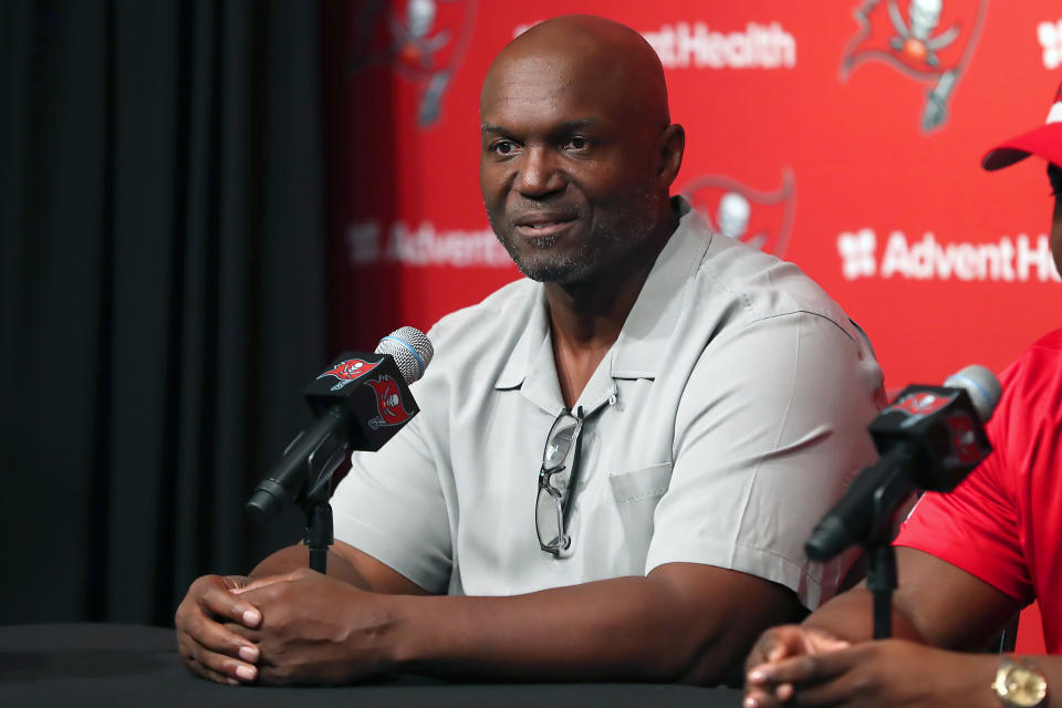 TAMPA, FL - APRIL 29: Tampa Bay Buccaneers Head Coach Todd Bowles addresses the media on April 29, 2023 at AdventHealth Training Center in Tampa,FL. (Photo by Cliff Welch/Icon Sportswire via Getty Images)