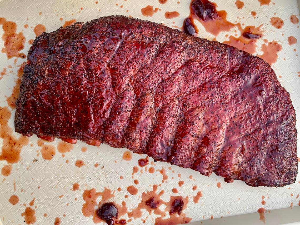 Cherry-chipotle pork ribs at Goldee’s Barbecue.