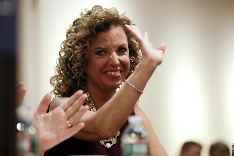 Debbie Wasserman Schultz, D-Fla., waves to the Florida delegation at a breakfast on the first day of the Democratic National Convention. (Photo: Matt Slocum/AP)