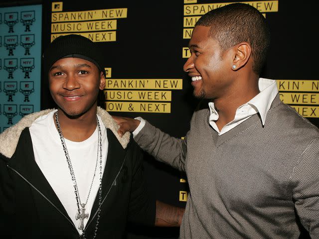 <p>Scott Gries/Getty</p> Usher and his brother James Lackey backstage during MTV's Total Request Live at the MTV Times Square Studios on November 7, 2005.