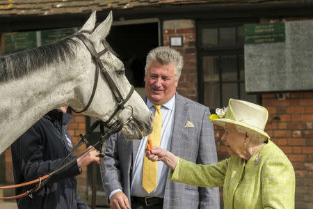 Britain's Queen Elizabeth II feeds a carrot to horse Politologue, as trainer Paul Nicholls looks on during a visit to Manor Farm Stables in Ditcheat, Britain March 28, 2019. Matt Keeble/Pool via REUTERS