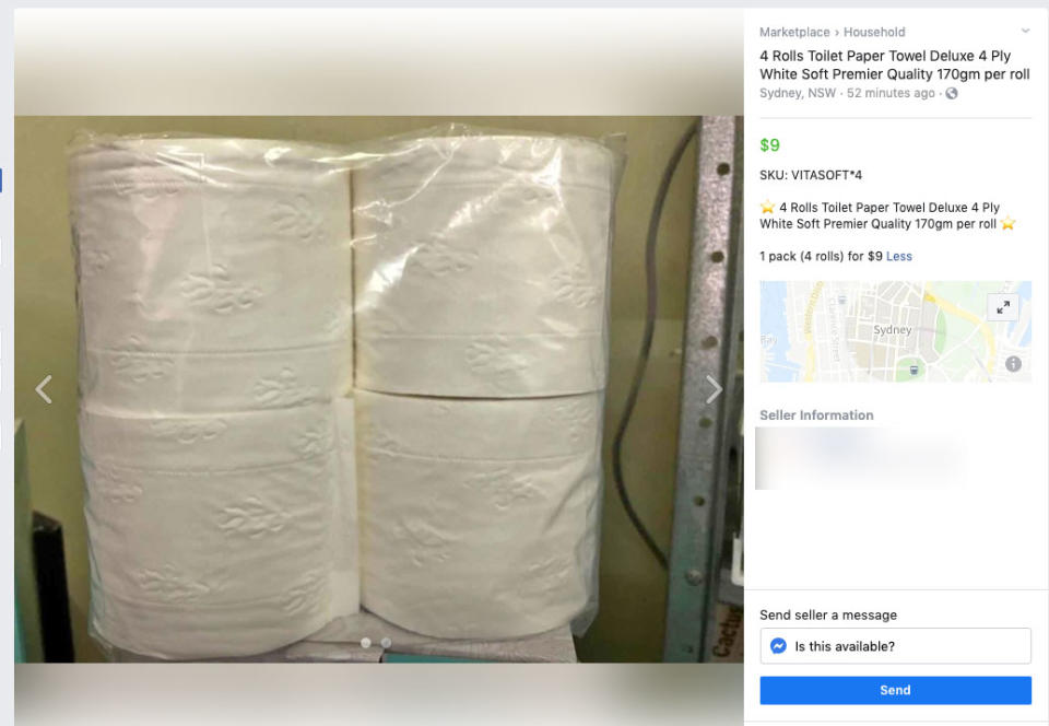 Four rolls of toilet paper sold for $9 on Facebook media. Source: Facebook