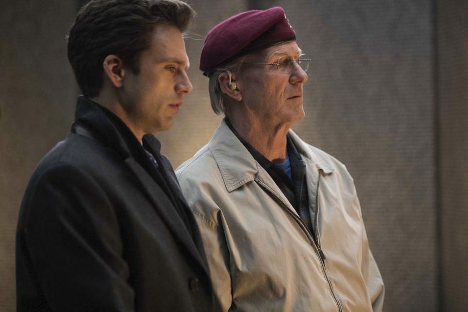 This image released by Roadside Attractions shows Sebastian Stan, left, and William Hurt in a scene from "The Last Full Measure." (Jackson Lee Davisn/Roadside Attractions via AP)