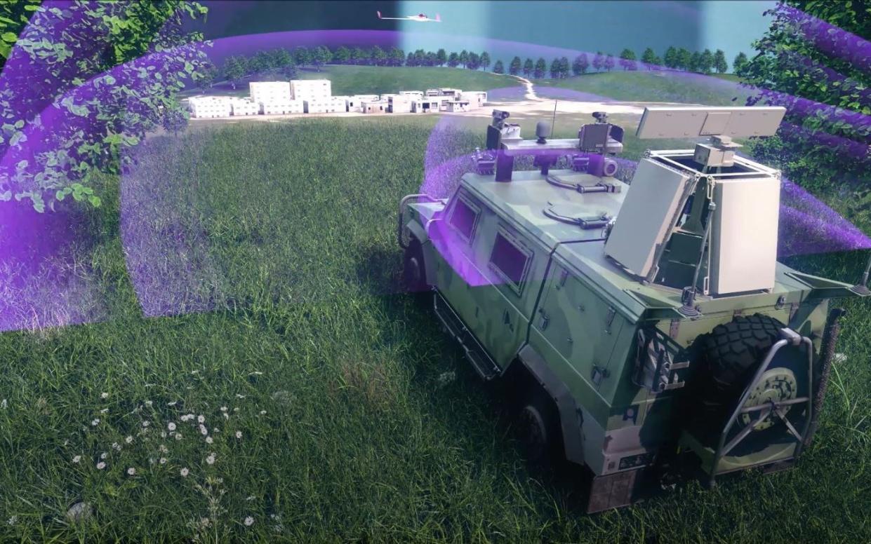 A mock demonstration of the tool shows a tank with sensors and radars around it