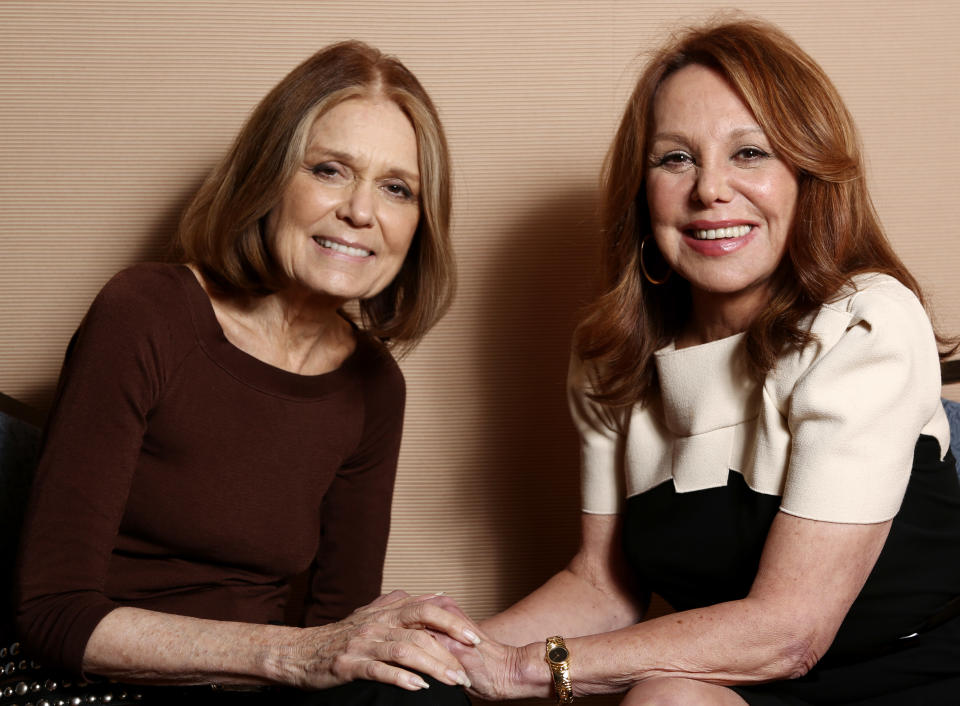 In this Tuesday, Jan. 15, 2013 photo, Gloria Steinem, left, and Marlo Thomas, from the program "Makers: Women Who Make America," pose together for a portrait during the PBS Winter TCA Tour at the Langham Huntington Hotel, in Pasadena, Calif. Actors and actresses compete separately at awards shows, a tradition some in the industry consider vital for women but others question. Steinem and Thomas weighed in on the issue during a TCA press tour interview. (Photo by Matt Sayles/Invision/AP)
