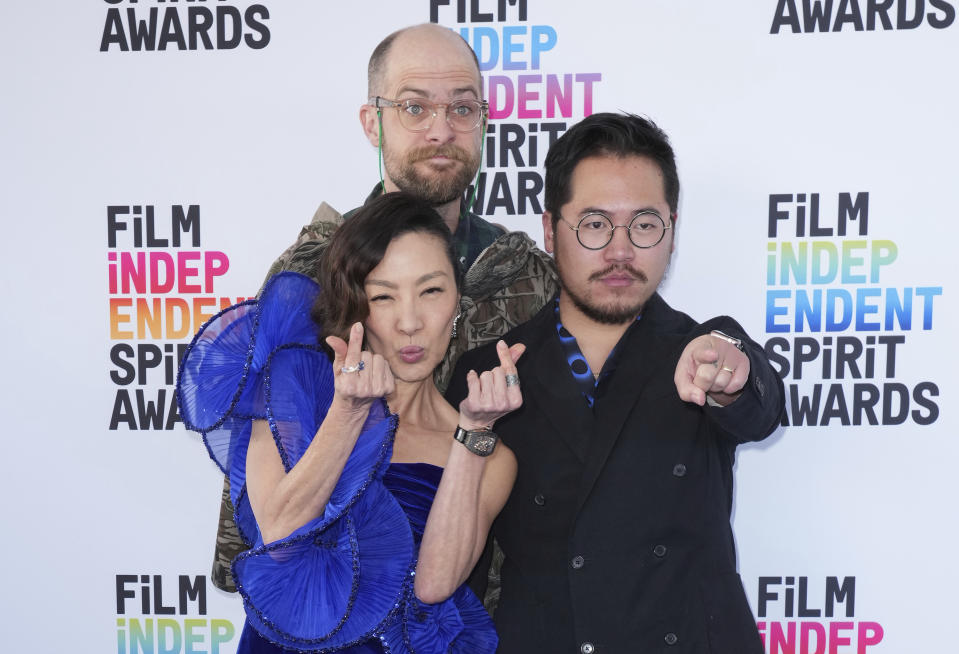 MIchelle Yeoh, from left, Daniel Scheinert, and Daniel Kwan arrive at the Film Independent Spirit Awards on Saturday, March 4, 2023, in Santa Monica, Calif. (Photo by Jordan Strauss/Invision/AP)