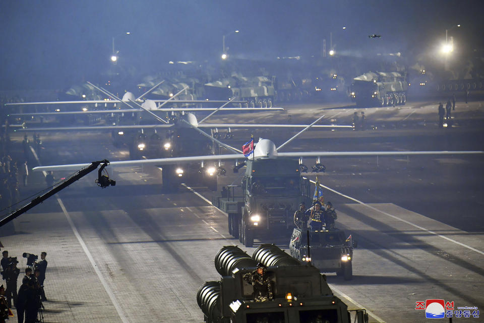 This photo provided by the North Korean government, shows what it says attack drones during a military parade to mark the 70th anniversary of the armistice that halted fighting in the 1950-53 Korean War, on Kim Il Sung Square in Pyongyang, North Korea Thursday, July 27, 2023. Independent journalists were not given access to cover the event depicted in this image distributed by the North Korean government. The content of this image is as provided and cannot be independently verified. Korean language watermark on image as provided by source reads: "KCNA" which is the abbreviation for Korean Central News Agency. (Korean Central News Agency/Korea News Service via AP)