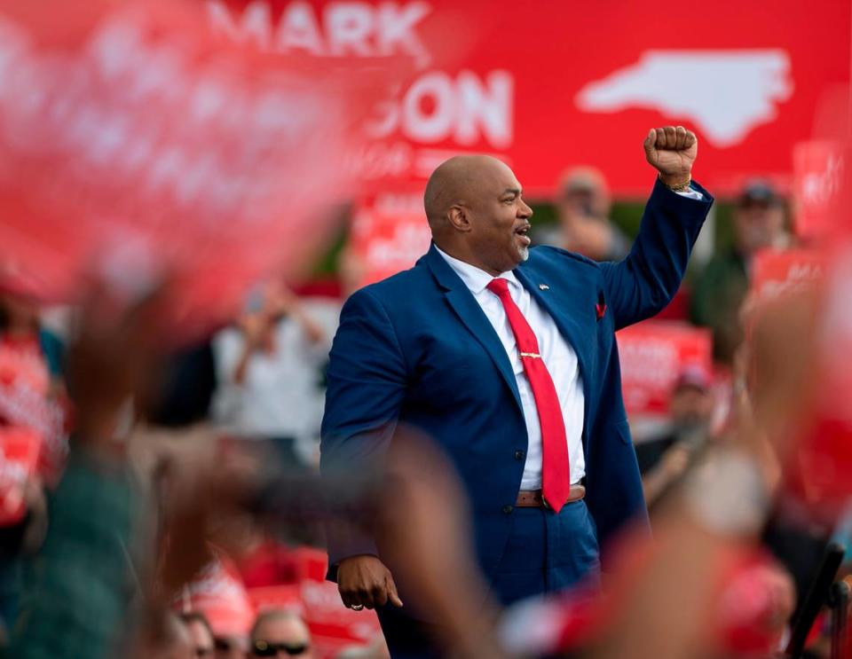 North Carolina Lt. Governor Mark Robinson arrives for a rally where he announced his candidacy for governor of North Carolina on Saturday, April 22, 2023 at Ace Speedway in Elon, N.