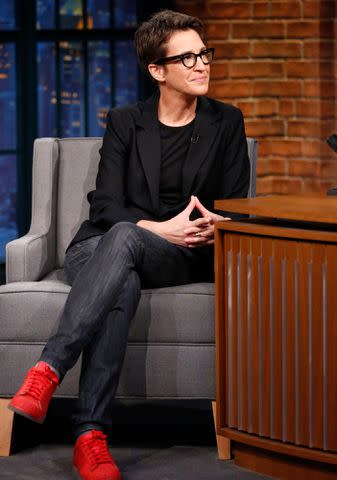 <p>Lloyd Bishop/NBCU Photo Bank/NBCUniversal/Getty</p> Rachel Maddow during an interview on 'Late Night with Seth Meyers' on December 21, 2016.