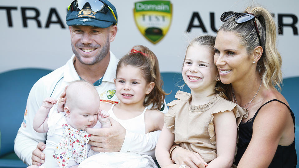 David Warner, pictured here with his young family after the second Test between Australia and New Zealand in 2019.