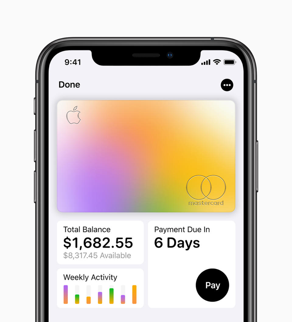 An iPhone showing features from the Apple Card including total balance, weekly activity, and when the payment is due.