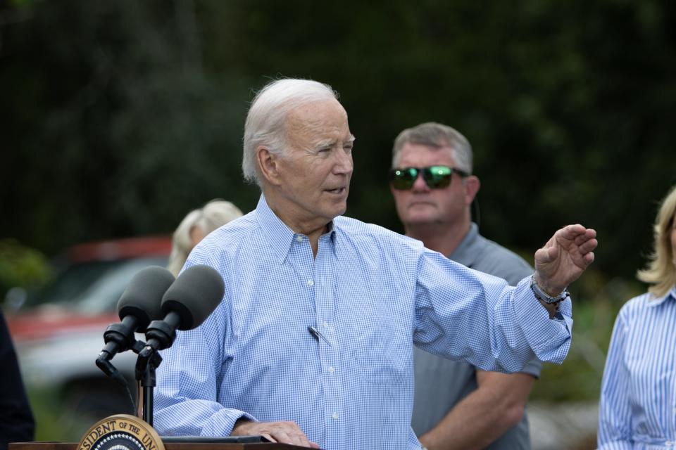President Joe Biden speaks to the press about his visit to Live Oak, Florida, Saturday, Sept. 2, 2023.