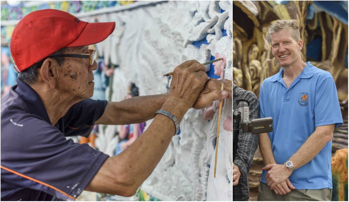 Craig McTurk (right), a senior film lecturer at Ngee Ann Polytechnic, believes the life of Haw Par Villa’s retired craftsman Teo Veoh Seng (left) had to be captured in detail. (Photos: Craig McTurk)