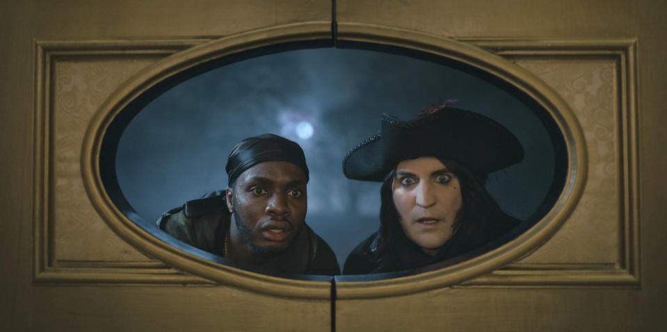 This image released by Apple TV+ shows Duayne Boachie, left, and Noel Fielding in "The Completely Made-Up Adventures of Dick Turpin," premiering March 1. (Mark Johnson/Apple TV+ via AP)