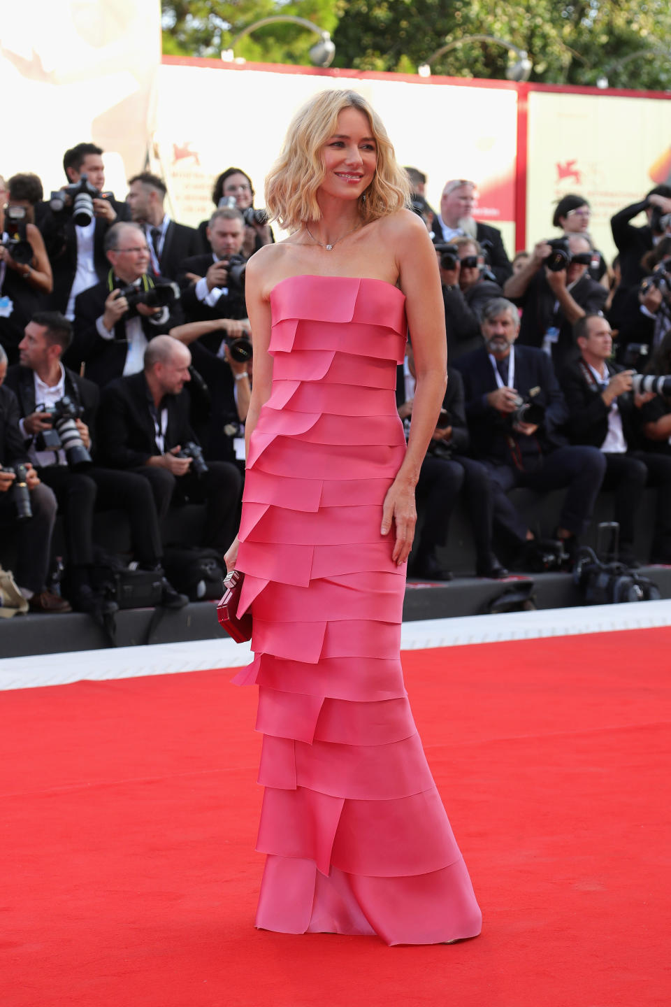 <p>The ‘King Kong’ star dressed in a layered, pink Armani dress. <em>[Photo: Getty]</em> </p>