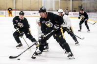 Pittsburgh Penguins' Jeff Carter (77) attends an NHL hockey practice Thursday, Sept. 23, 2021, in Cranberry Township, Pa. (Andrew Rush/Pittsburgh Post-Gazette via AP)
