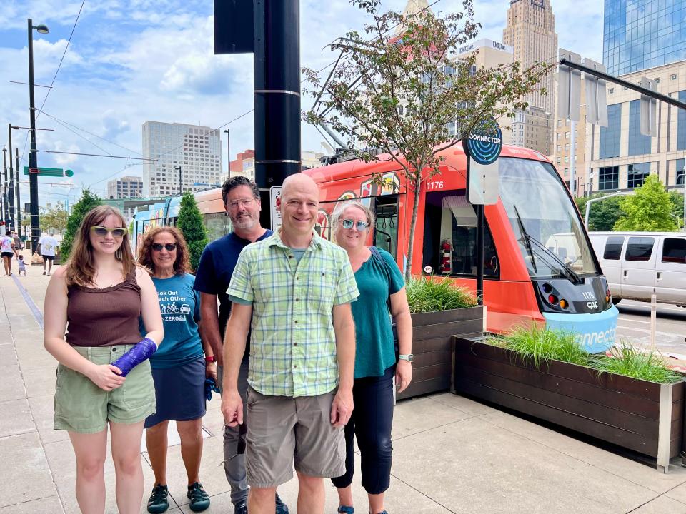 Devou Good Foundation is working with an affiliate group that wants to expand Cincinnati's streetcar system. From left are community organizer Mackenzie Mason, staff member Jody Robinson, board secretary Jim Guthrie, board president Matt Butler and board vice president Rebekah Gensler.