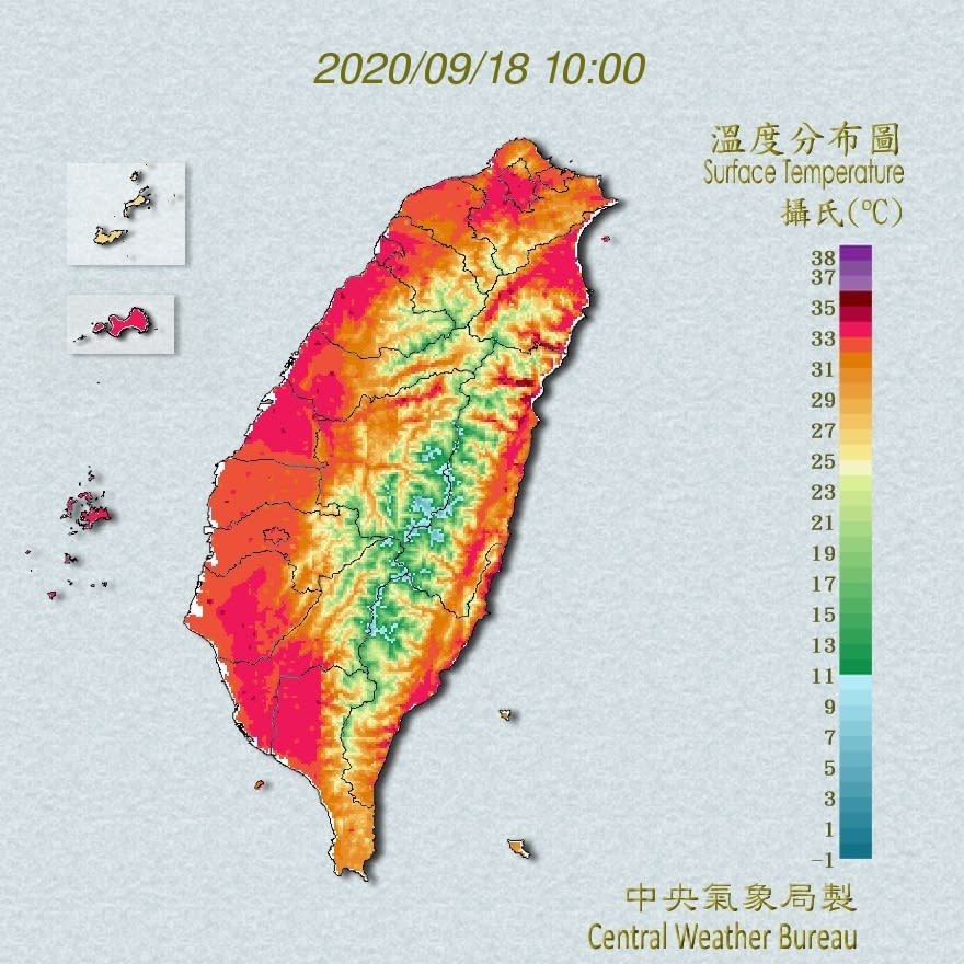 台北市中正區上午10時25分氣溫已達36.1度，台中、花蓮、台東等地氣溫也近36度。