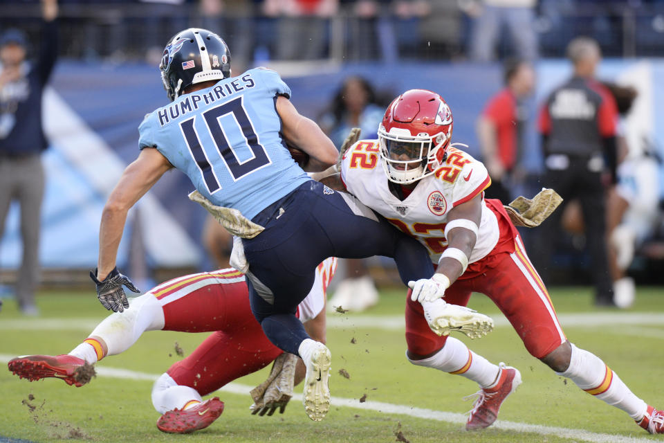 Tennessee Titans wide receiver Adam Humphries (10) scores the winning touchdown ahead of Kansas City Chiefs free safety Juan Thornhill (22) in the fourth quarter of an NFL football game Sunday, Nov. 10, 2019, in Nashville, Tenn. The Titans won 35-32. (AP Photo/Mark Zaleski)