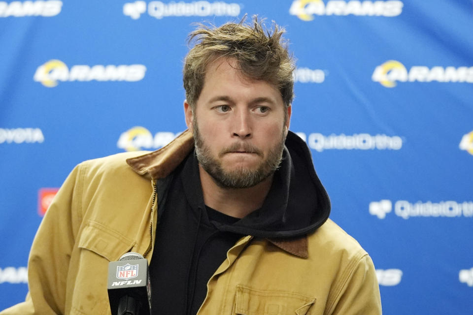 Los Angeles Rams quarterback Matthew Stafford addresses the media after an NFL wild-card playoff football game against the Detroit Lions, Sunday, Jan. 14, 2024, in Detroit. (AP Photo/Paul Sancya)