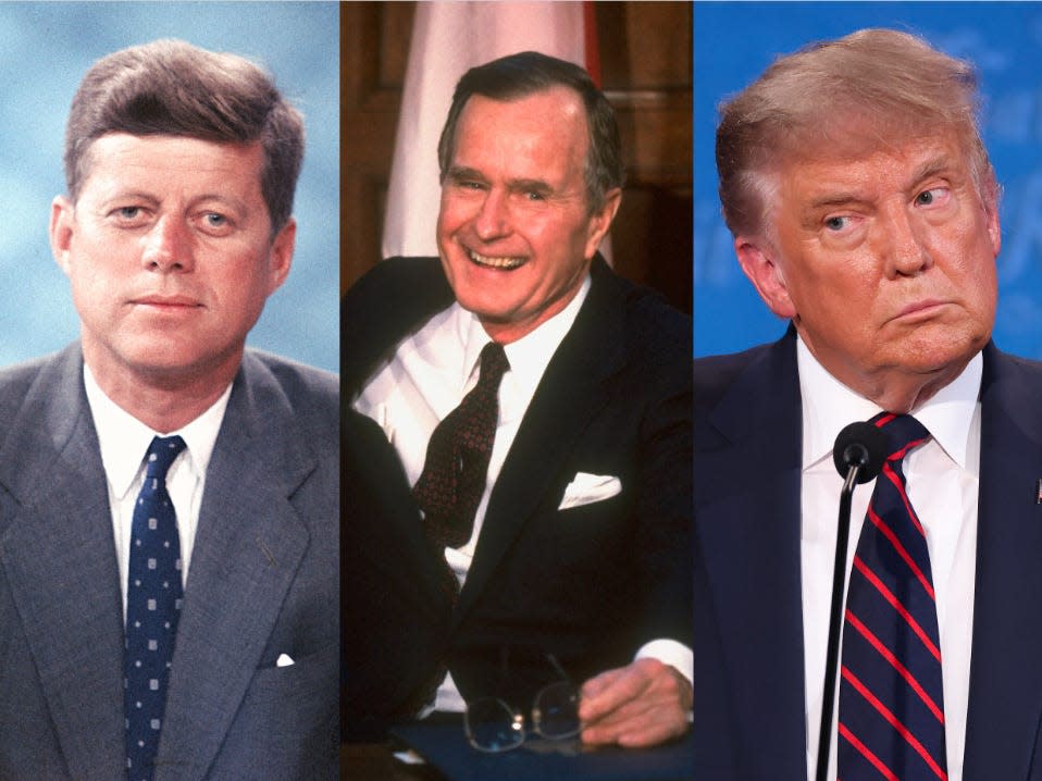 Presidents John F. Kennedy, George H. W. Bush, and Donald Trump.