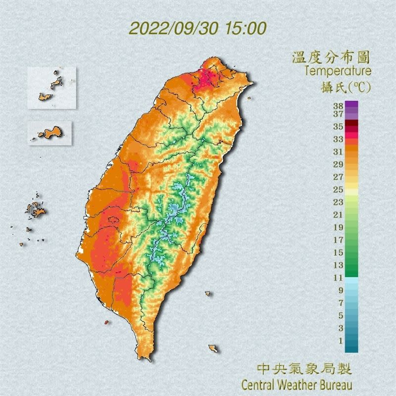 今日秋老虎發威，西半部地區飆破33度。（圖／翻攝自氣象局）