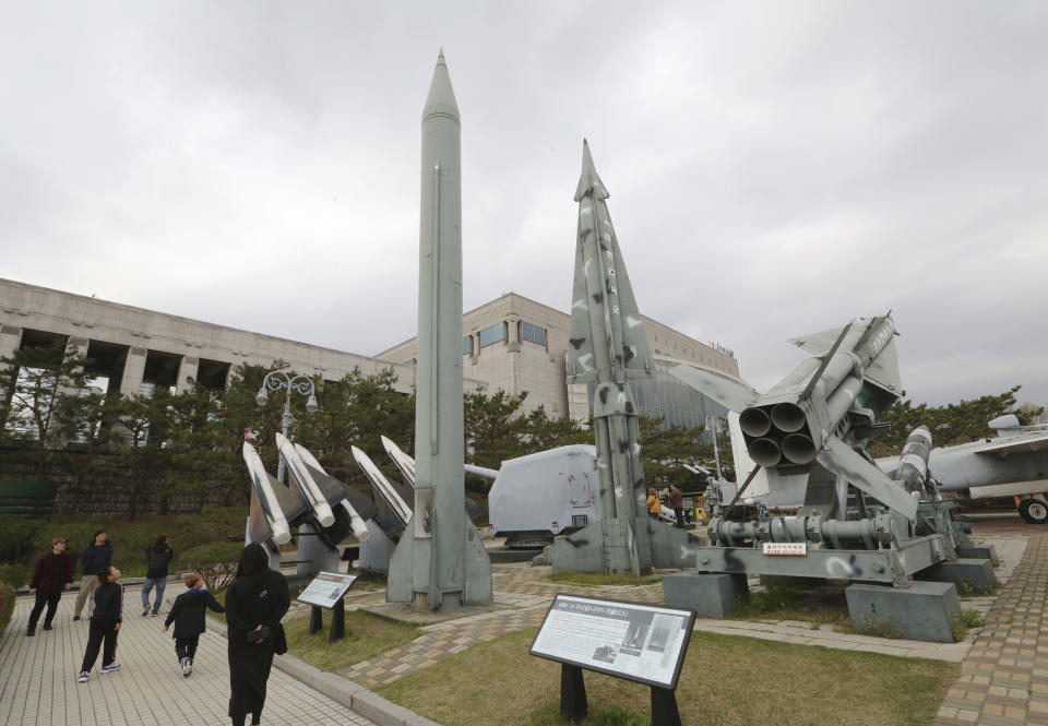 A mock North Korea's Scud-B missile, left, and South Korean missiles are displayed at Korea War Memorial Museum in Seoul, South Korea, Thursday, April 18, 2019. North Korea said Thursday that it had test-fired a new type of "tactical guided weapon," its first such test in nearly half a year, and a possible sign of its displeasure with deadlocked nuclear talks with the United States. (AP Photo/Ahn Young-joon)