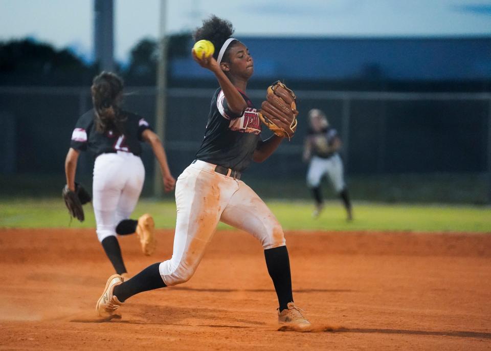 Vero Beach's Jasmynn Mckinney (6) throws to first for a runner out against Palm Beach Gardens in a 3-7A regional quarterfinal softball game Thursday, May 12, 2022, at Vero Beach High School. Palm Beach Gardens won 5-4.