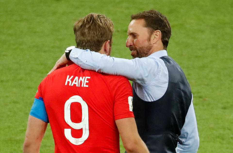 England manager Gareth Southgate, celebrating with Harry Kane celebrate after the win against Colombia, has sparked demand for waistcoats.