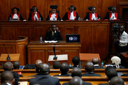 Kenya's Supreme Court judges preside before delivering a ruling on cases that seek to nullify the re-election of President Uhuru Kenyatta last month in Kenya's Supreme Court in Nairobi, Kenya November 20, 2017. REUTERS/Baz Ratner