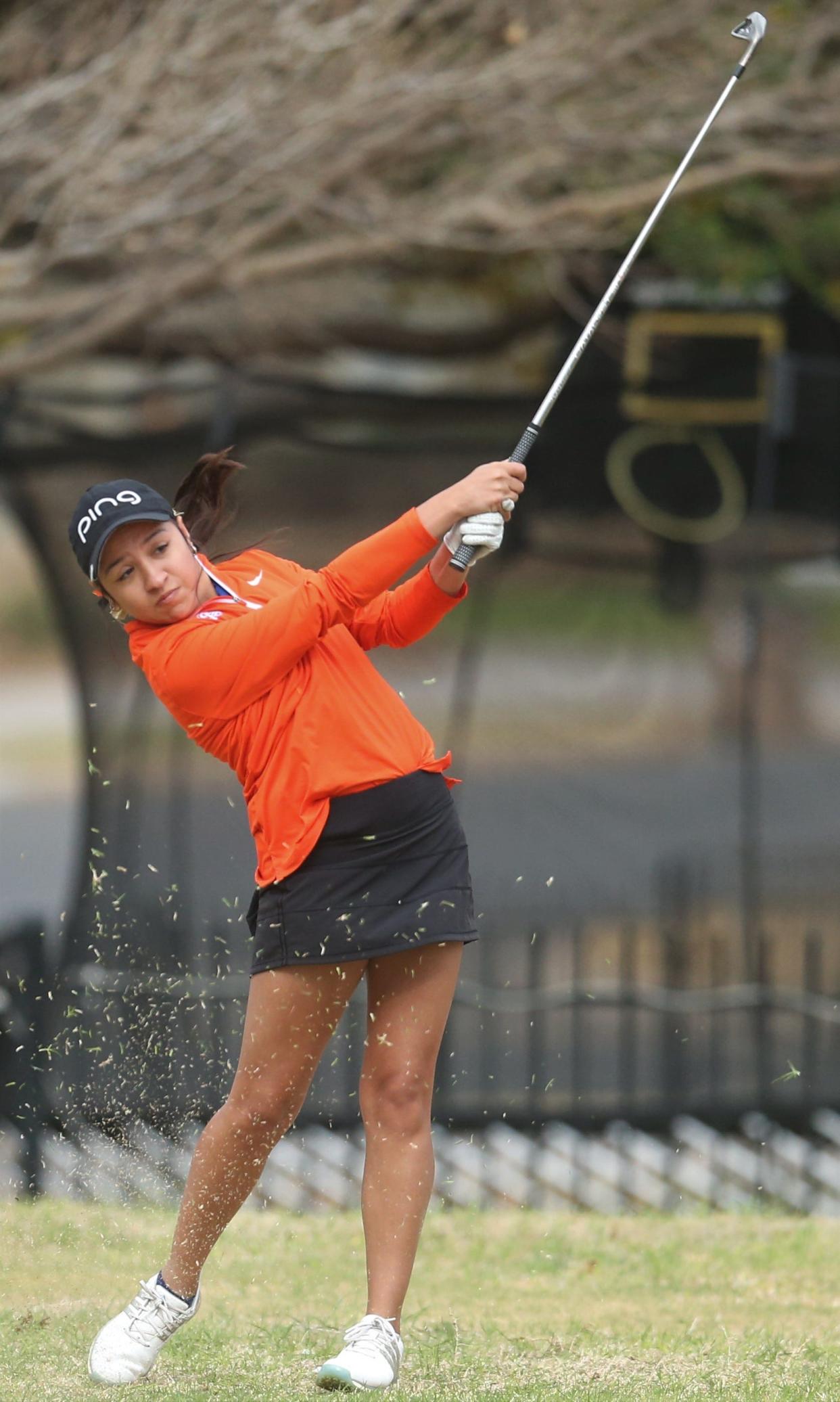 San Angelo Central High School's Emily Coronado hits a tee shot during the final round of the District 2-6A Girls Golf Tournament at Bentwood Country Club on Tuesday, March 29, 2022.