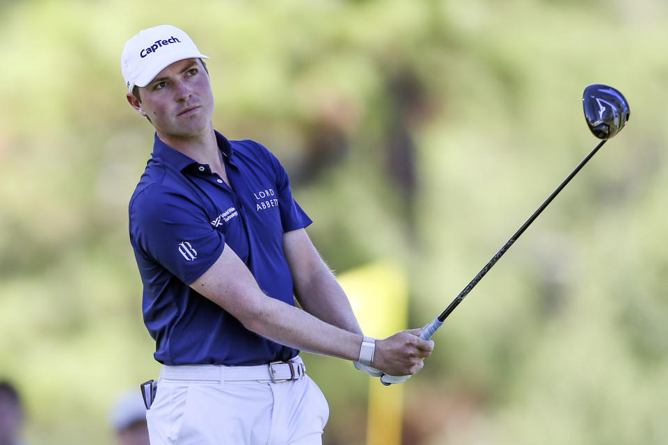 Ben Griffin watches his drive from the second tee box during the third day of the Sanderson Farms Championship golf tournament in Jackson, Miss., Saturday, Oct 7, 2023. (James Pugh/impact601.com via AP)