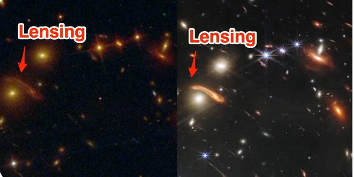 Side by side pictures from the Hubble and JWST show gravitational lensing.