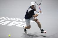 Great Britain's Andy Murray returns the ball to Netherlands' Tallon Griekspoor during their Davis Cup tennis match in Madrid, Spain, Wednesday, Nov. 20, 2019. (AP Photo/Bernat Armangue)