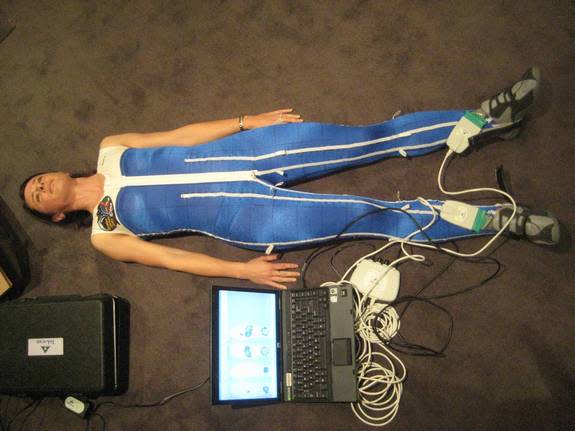 This high-tech "skinsuit" for astronauts is a tailor-made overall with a bi-directional weave specially designed to counteract the lack of gravity. Here, the force the suit is producing is being measured at the feet with a computer using forc