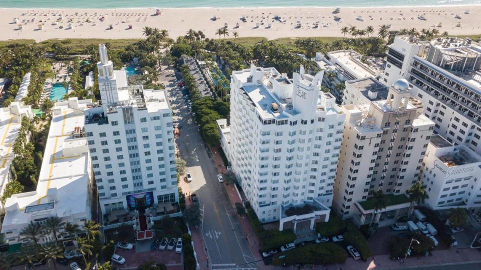 An overhead view from 2020 shows the iconic Delano Hotel, at center right, which sits vacant amid a row of historic Art Deco hotels on South Beach. Bills advancing in the Florida Legislature would override local protections in coastal cities for historic buildings like the Delano hotel and its companions and allow their demolition and redevelopment.