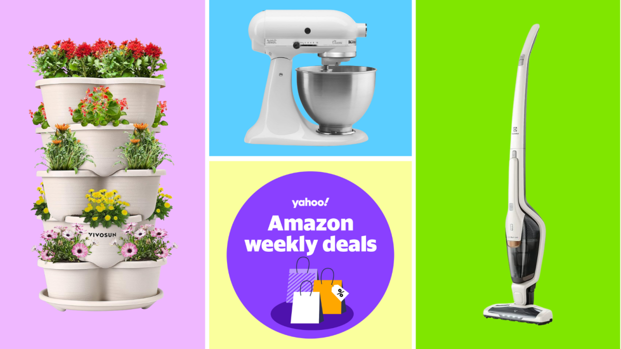 A vertical garden, white KitchenAid stand mixer, white Electrolux stick vacuum and a purple circle that reads: Yahoo! Amazon weekly deals, all on a colorful background.