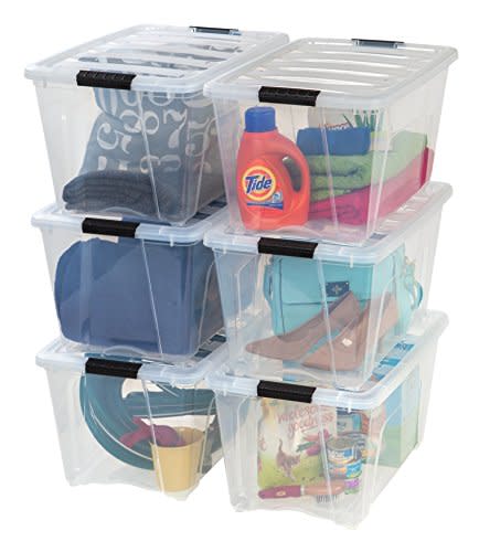 IRIS USA 53 Qt. Plastic Storage Bin Tote Organizing Container with Durable Lid and Secure Latching Buckles, Stackable and Nestable, 6 Pack, clear with Black Buckle