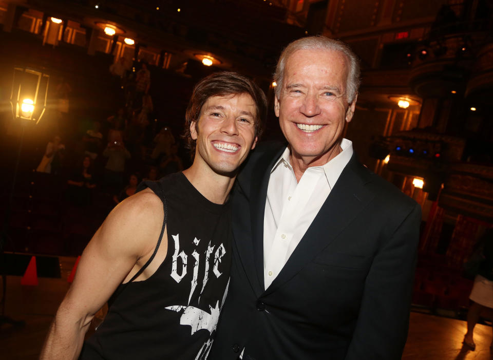 NEW YORK, NY - JULY 27:  Thayne Jasperson and Vice President of the United States Joe Biden pose backstage at the hit new musical 'Hamilton' on Broadway at The Richard Rogers Theater on July 27, 2015 in New York City.  (Photo by Bruce Glikas/FilmMagic)