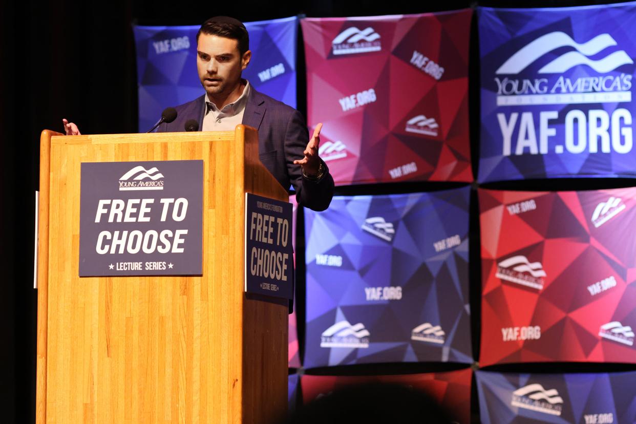 Ben Shapiro speaks to the audience about the Israel-Hamas war wearing a yamaka at the Phillips Center for the Performing Arts in Gainesville, Fla., Wednesday, Oct. 18, 2023. The event was hosted by the University of Florida's Young Americans for Freedom chapter.