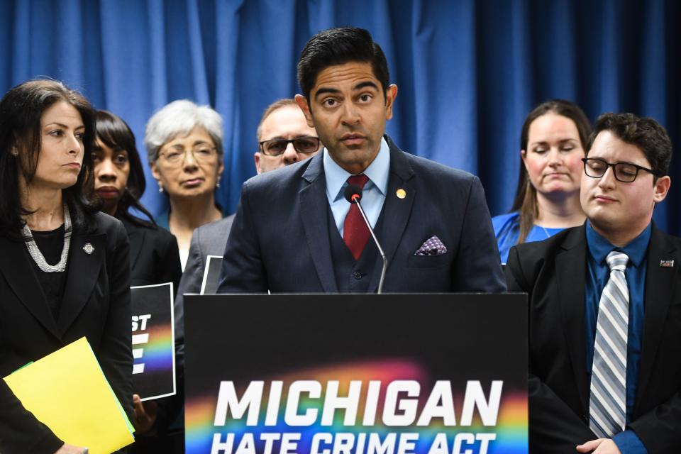 Rep. Ranjeev Puri (D-Canton), speaks Wednesday, April 26, 2023, about hate crime reform, during a press conference in the Anderson House Office Building.