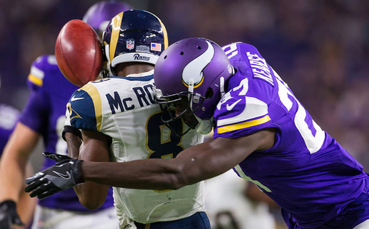 Sep 1, 2016; Minneapolis, MN, USA; Minnesota Vikings safety Jayron Kearse tackles Los Angeles Rams wide receiver Paul McRoberts for a fumble in the fourth quarter at U.S. Bank Stadium. the Minnesota Vikings beat the Los Angeles Rams 27-25.