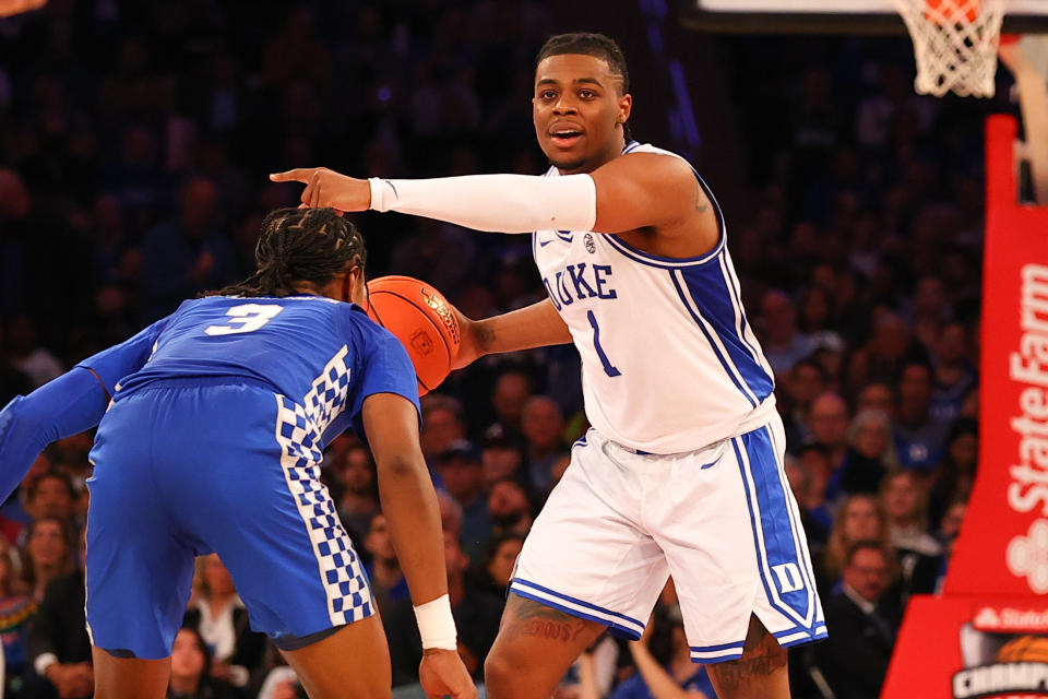 Duke guard Trevor Keels directs traffic during the Champions Classic game against Kentucky on Nov. 9 at Madison Square Garden. (Rich Graessle/Icon Sportswire via Getty Images)