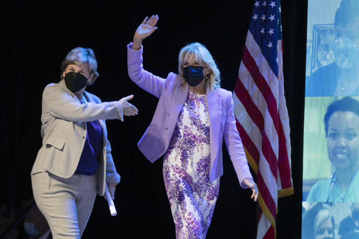 First lady Jill Biden with Randi Weingarten, left, during the group's convention, July 15.