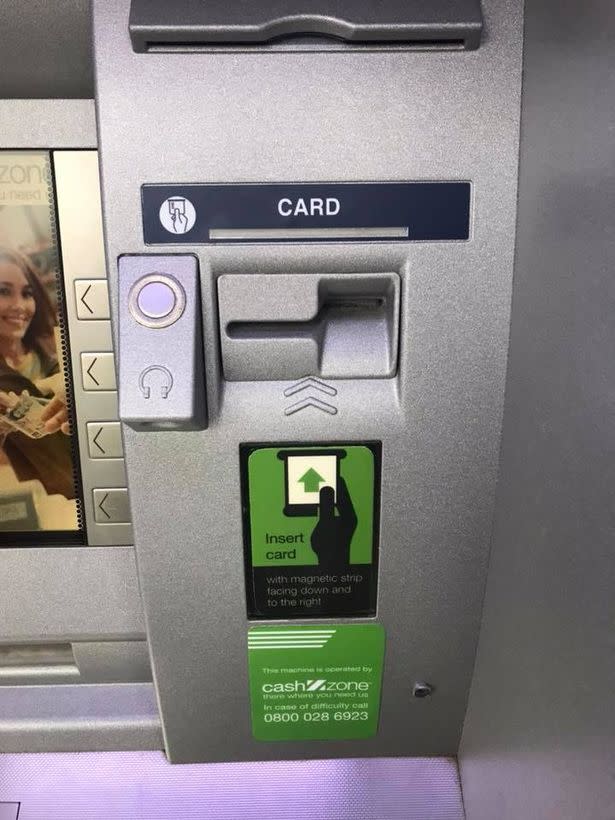 The blue strip above the card reader is an example of a skimmer that looks part of the machine. Source: Facebook / South Leicester Police