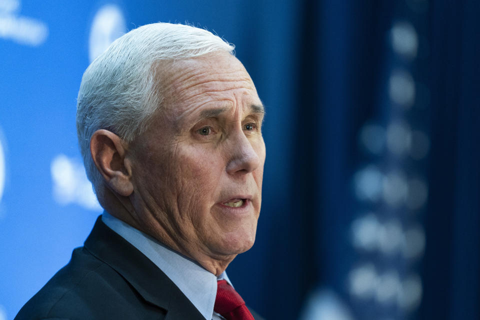 FILE - Former Vice President Mike Pence speaks about abortion ahead of oral arguments in Dobbs v. Jackson Women's Health Organization, at the National Press Club in Washington, Tuesday, Nov. 30, 2021. On Friday, Feb. 4, 2022, The Associated Press reported on stories circulating online incorrectly claiming Pence “did have the right to change the outcome” of the 2020 election but chose not to use it. (AP Photo/Manuel Balce Ceneta, File)