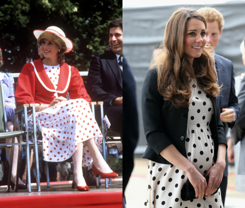 <p>Kate's polka dot number in 2013 also bought back memories of the dress Diana wore on a visit to Canada in 1983. [Photo: PA/ Getty] </p>